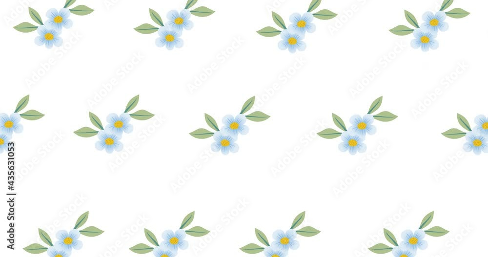 Composition of rows of blue flowers moving on white background Composition of rows of blue flowers moving on white background