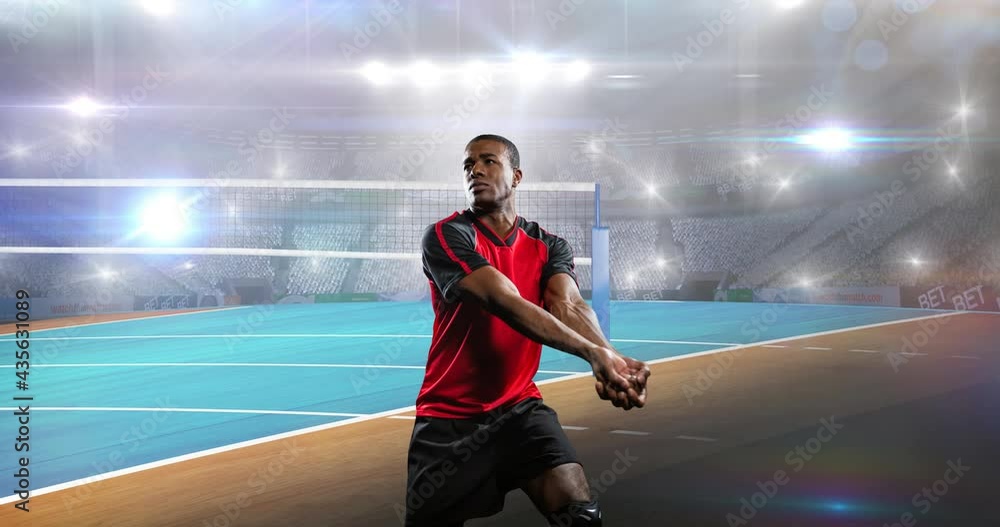 Animation of male netball player over sports stadium and spotlights Animation of male netball player over sports stadium and spotlights
