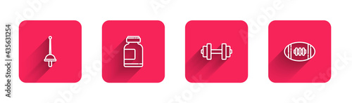 Set line Fencing, Sports nutrition, Dumbbell and American Football ball with long shadow. Red square button. Vector