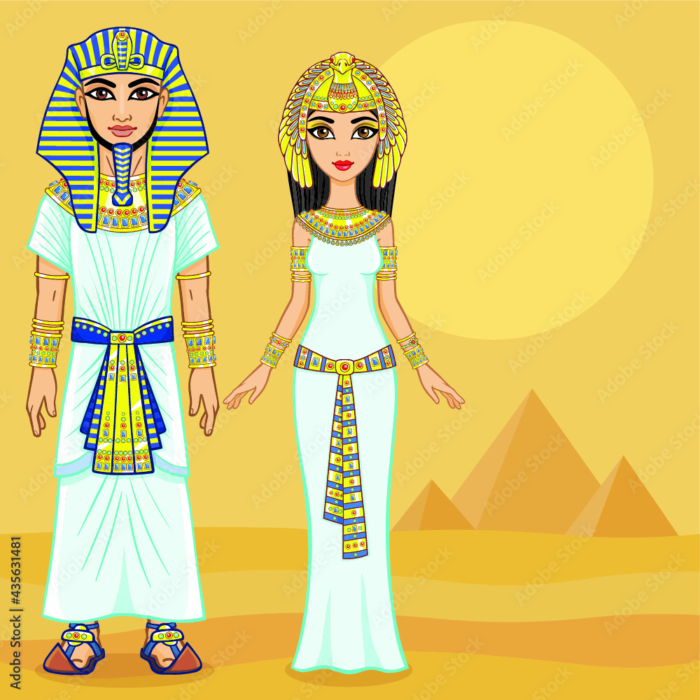 Animation Egyptian imperial family in ancient clothes. Full growth.  Background - the desert, the Egyptian pyramids.
