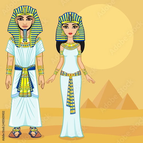 Animation Egyptian imperial family in ancient clothes. Full growth.  Background - the desert, the Egyptian pyramids.