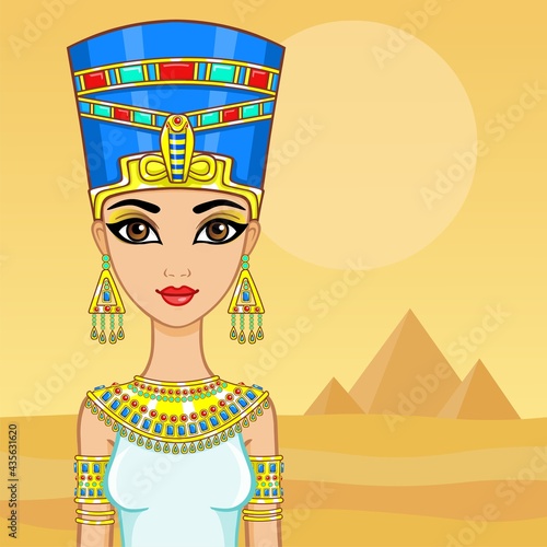 Animation portrait of the Egyptian queen. A background - a landscape the desert, pyramids. The place for the text.