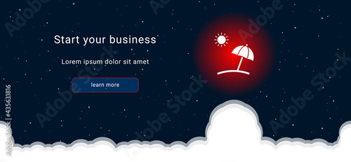 Business startup concept Landing page screen. The beach symbol on the right is highlighted in bright red. Vector illustration on dark blue background with stars and curly clouds from below