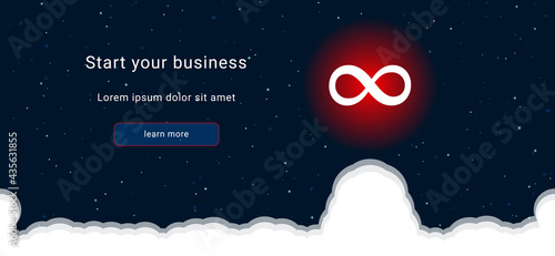 Business startup concept Landing page screen. The infinity symbol on the right is highlighted in bright red. Vector illustration on dark blue background with stars and curly clouds from below