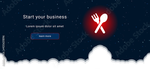 Business startup concept Landing page screen. The dinner time symbol on the right is highlighted in bright red. Vector illustration on dark blue background with stars and curly clouds from below
