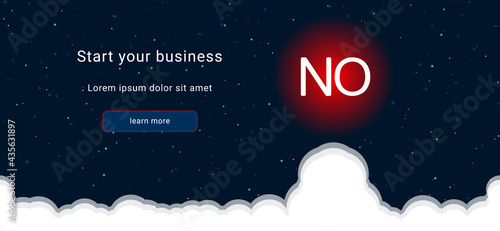 Business startup concept Landing page screen. The no symbol on the right is highlighted in bright red. Vector illustration on dark blue background with stars and curly clouds from below