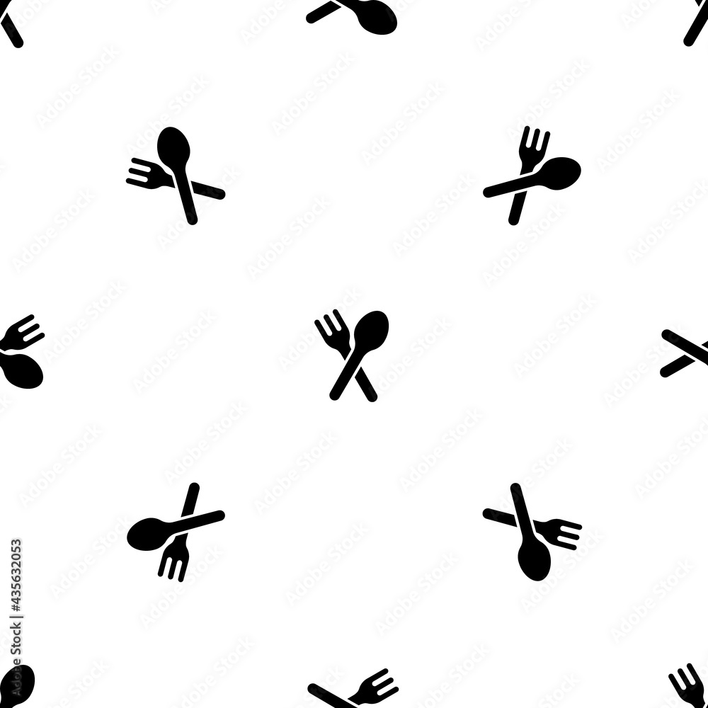 Seamless pattern of repeated black dinner time symbols. Elements are evenly spaced and some are rotated. Vector illustration on white background