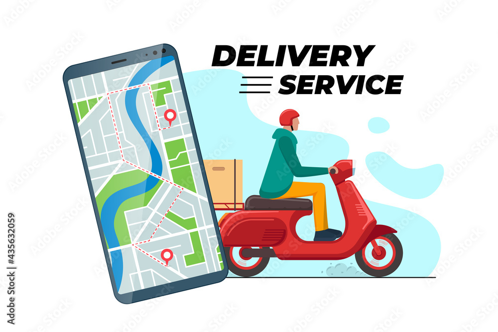 Safe contactless delivery tracking service app concept banner. Boy courier in motorbike helmet on red scooter moped delivering package box. Online ordering mobile city map application and location Safe contactless delivery tracking service app concept banner. Boy courier in motorbike helmet on red scooter moped delivering package box. Online ordering mobile city map application and location