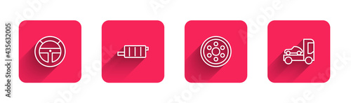 Set line Steering wheel, Car muffler, Alloy and transporter truck with long shadow. Red square button. Vector