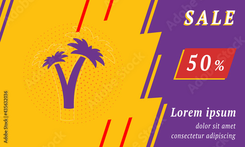 Sale promotion banner with place for your text. On the left is the palm trees symbol. Promotional text with discount percentage on the right side. Vector illustration on yellow background