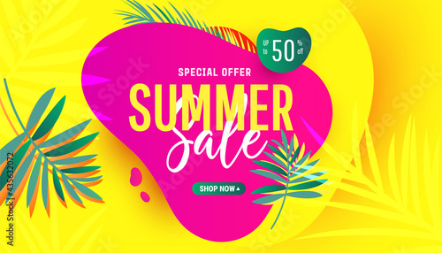 Creative summer discount banner in trendy bright colors with bubble shapes and sale text. Trendy abstract template for social media post, stories, or advertisement.