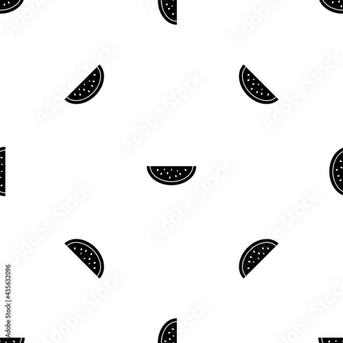 Seamless pattern of repeated black watermelon piece symbols. Elements are evenly spaced and some are rotated. Vector illustration on white background