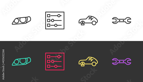 Set line Car headlight, settings, Broken car and Wrench spanner on black and white. Vector