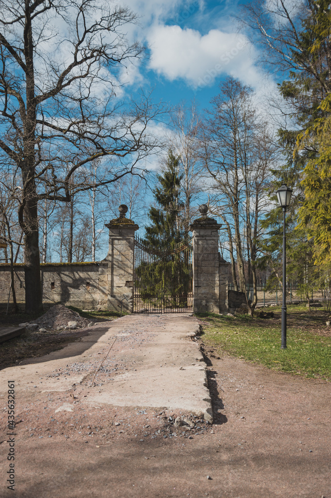 Ancient stone gate in the Gatchina park 