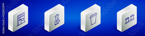 Set Isometric line Coffee shop, Electric coffee grinder, cup to go and icon. Vector