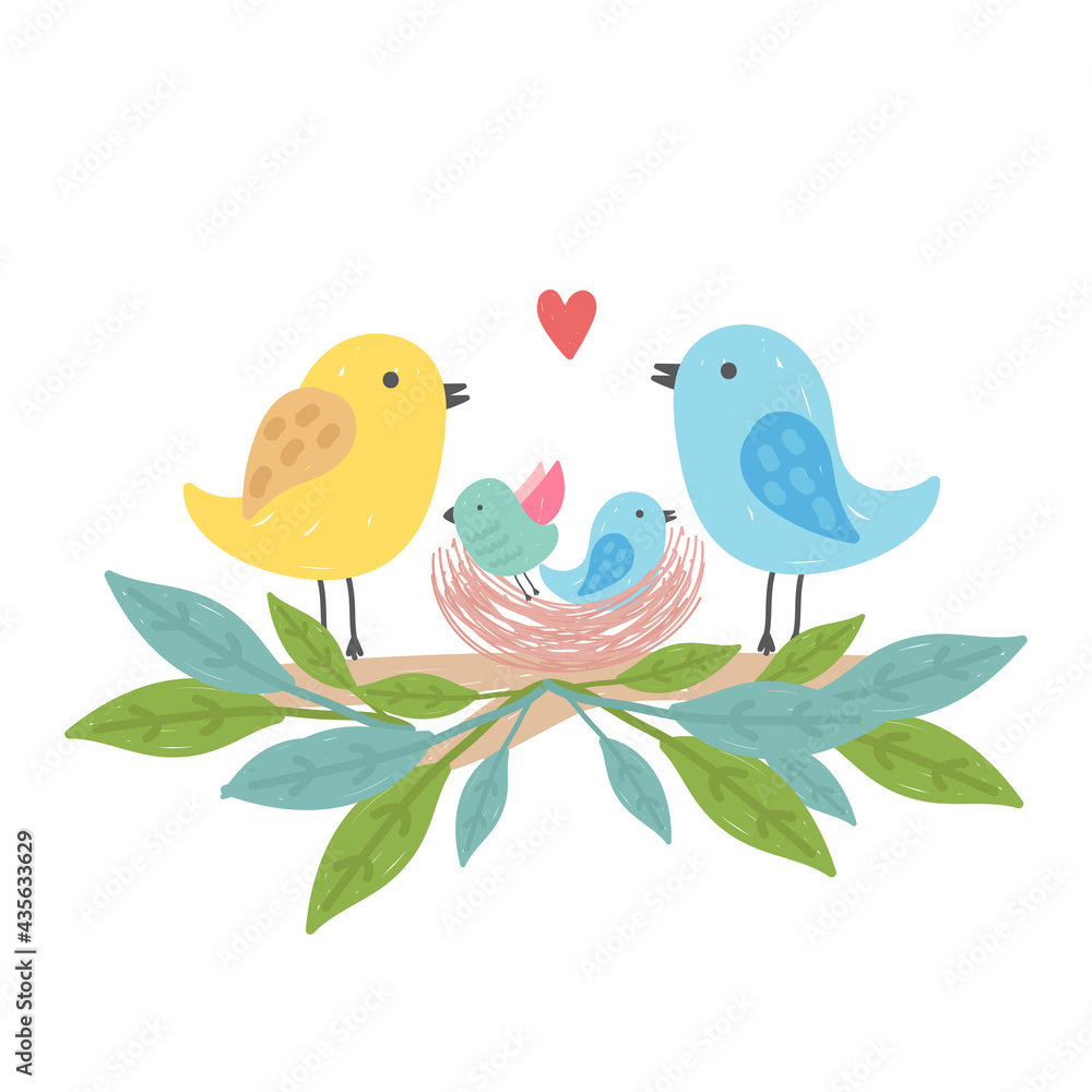 Cute family birds in the nest. Hand drawn style. Birds couple with baby birds. Vector illustration.