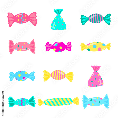 set of multi-colored sweets of different shapes in wrappers of pink, blue and yellow colors with different patterns isolated on white background. collection. to decorate designs of posters and banners