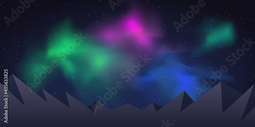 Northern polar lights. Vector realistic illustration. Night cosmic sky. Wallpaper. Nebula in space. Dark starry background. Milky Way. Design element for social media template, web, game banner