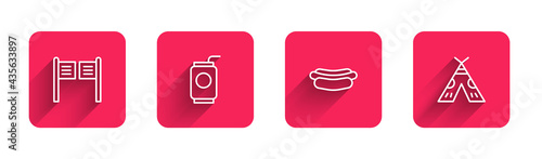 Set line Saloon door, Soda can with straw, Hotdog sandwich and Indian teepee wigwam with long shadow. Red square button. Vector