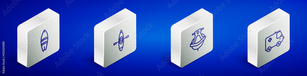 Set Isometric line Surfboard, Kayak or canoe, Jet ski and Ambulance and emergency car icon. Vector