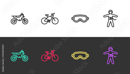 Set line Mountain bike, Bicycle, Ski goggles and Bungee jumping on black and white. Vector