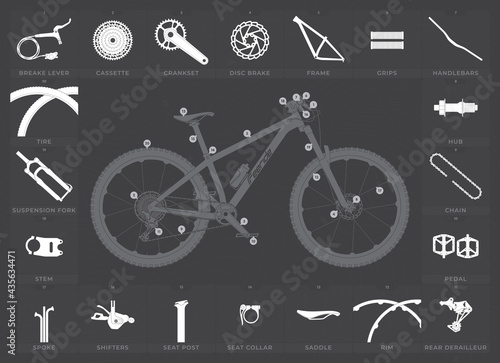 Vector info mountain bike specifications with white icon parts. Picture with lots of details. dark background. photo
