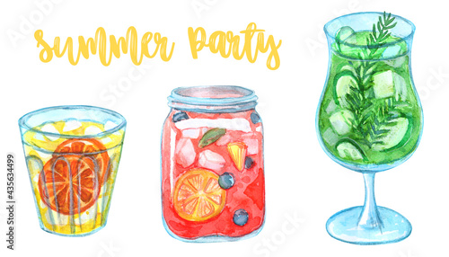 Fresh colorful summer lemonade with ice, strawberry, blueberry, raspberry, orange, lemon, mint, lavender, watermelon, cocktail umbrellas, pineapple, cherries, gummy bears, palm, flamingo and flowers