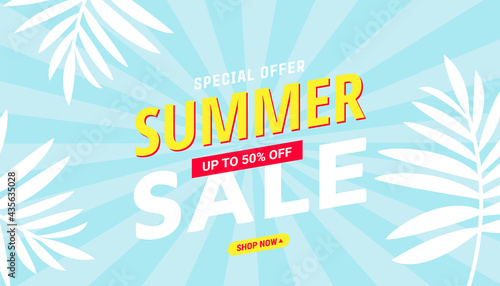 Summer sale banner with tropical leaves background for banner, flyer, invitation, poster, website