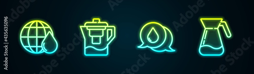 Set line Earth planet in water drop, Water jug with filter, speech bubbles and Jug glass. Glowing neon icon. Vector
