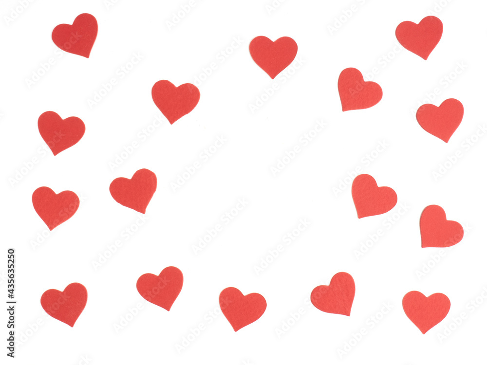 Pattern from red hearts on a white background with copy space