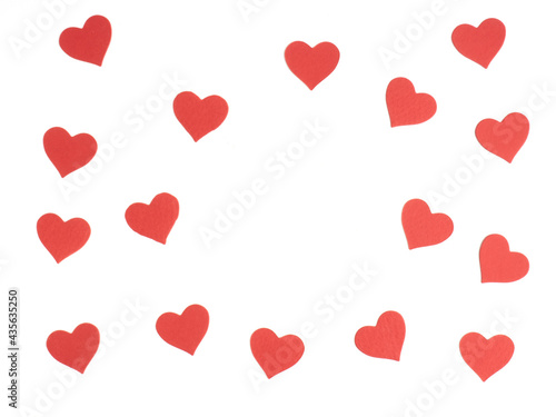 Pattern from red hearts on a white background with copy space