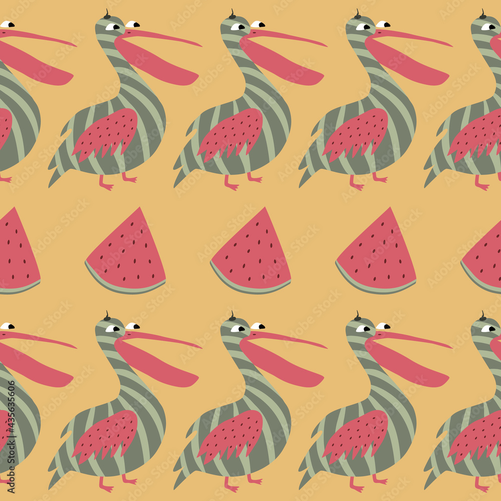 Funny pelican and slice of watermelon. Childrens illustration. Bird  seamless pattern. Stock Vector | Adobe Stock