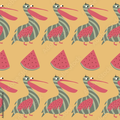 Funny pelican and slice of watermelon. Childrens illustration. Bird seamless pattern.