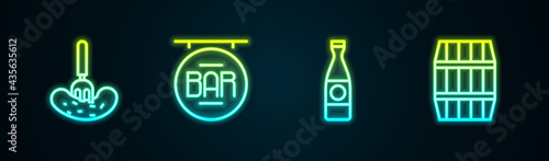 Set line Pickled cucumber on a fork, Street signboard with Bar, Beer bottle and Wooden barrel. Glowing neon icon. Vector