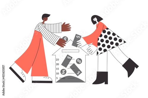 African american man and white woman buy a property with mortgage loan, paying rates. Own real estate for family concept vector flat isolated illustration.