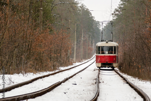 rushing tram through the winter forest