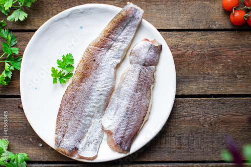 Photography hake fresh fish seafood organic  ingredient on the table healthy food meal copy