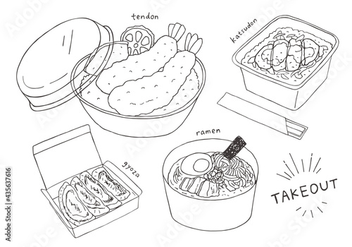 丼やラーメンのテイクアウト 線画イラスト（モノクロ）