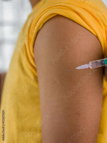 Patient getting vaccinated against the flu covid19 or corona virus every year by the Ministry of Health at hospital in concept illness, outbreak, healthcare in life. photo