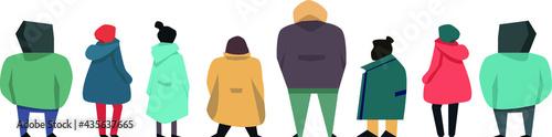 vector flat illustration with group of people standing isolated. back view