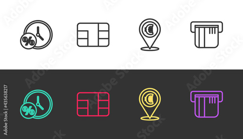 Set line Clock and percent, Credit card with chip, Cash location and on black and white. Vector