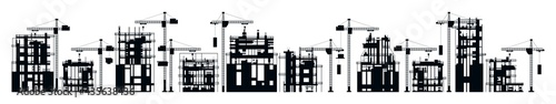 Collection of buildings under construction. Set of black and white construction sites. Unfinished buildings, crane, houses, city, skyscrapers. Vector illustration isolated on white background