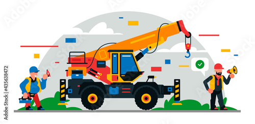 Construction equipment and workers at the site. Colorful background of geometric shapes and clouds. Builders, construction equipment, maintenance personnel, crane, foreman. Vector illustration.