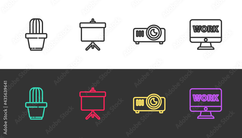 Set line Cactus and succulent in pot, Chalkboard with diagram, Movie, film, media projector and Monitor text work on black and white. Vector Set line Cactus and succulent in pot, Chalkboard with diagram, Movie, film, media projector and Monitor text work on black and white. Vector