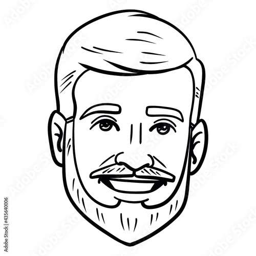 comic avatar of a laughing man with a full beard. monochrome, outline, vector.
