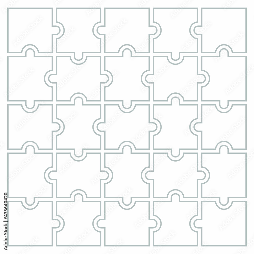 Twenty five blank puzzle pieces. Puzzle for web, information or presentation design, infographics. White puzzle on white background. Vector illustration