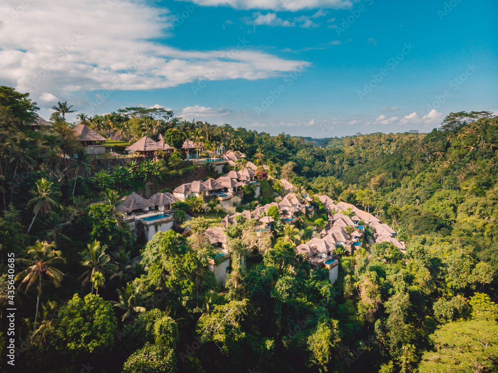 Aerial view of jungle with luxury resort on hill in Bali