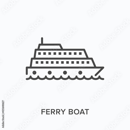 Ferry boat flat line icon. Vector outline illustration of transport ship. Black thin linear pictogram for water vessel