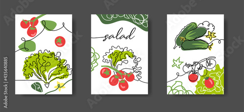 Salad wall line art decoration, poster. Set of vector illustrations, one continuous line decoration of vegetables tomatoes, cucumbers and saolad for kitchen or cafe