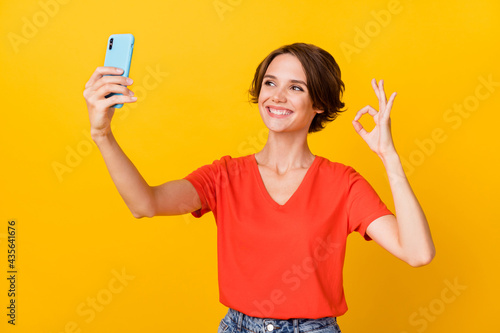 Photo of nice brunette optimistic lady do selfie show okey sign wear red t-shirt isolated on vivid yellow color background
